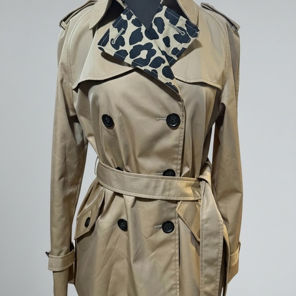 Coach NY Tan Double-Breasted Trench Coat Leopard-Print Lining Womens M Belted - Picture 14 of 15